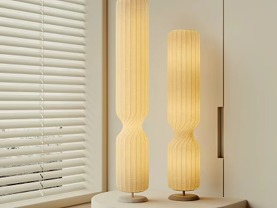 Modern Floor Lamps With Twisted Striped Beige Shades And Metal Bases Near Window Blinds 3d model