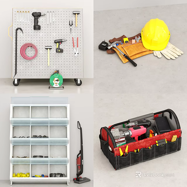 Hardware Tools Organization With Tool Rack Cart Tool Bag Hammer Pliers Safety Helmet Gloves 3d model 