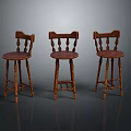 Three Wooden High Back Dining Chairs with Red Upholstered Seats and Slatted Design