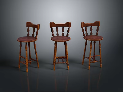 Three Wooden High Back Dining Chairs with Red Upholstered Seats and Slatted Design 3d model