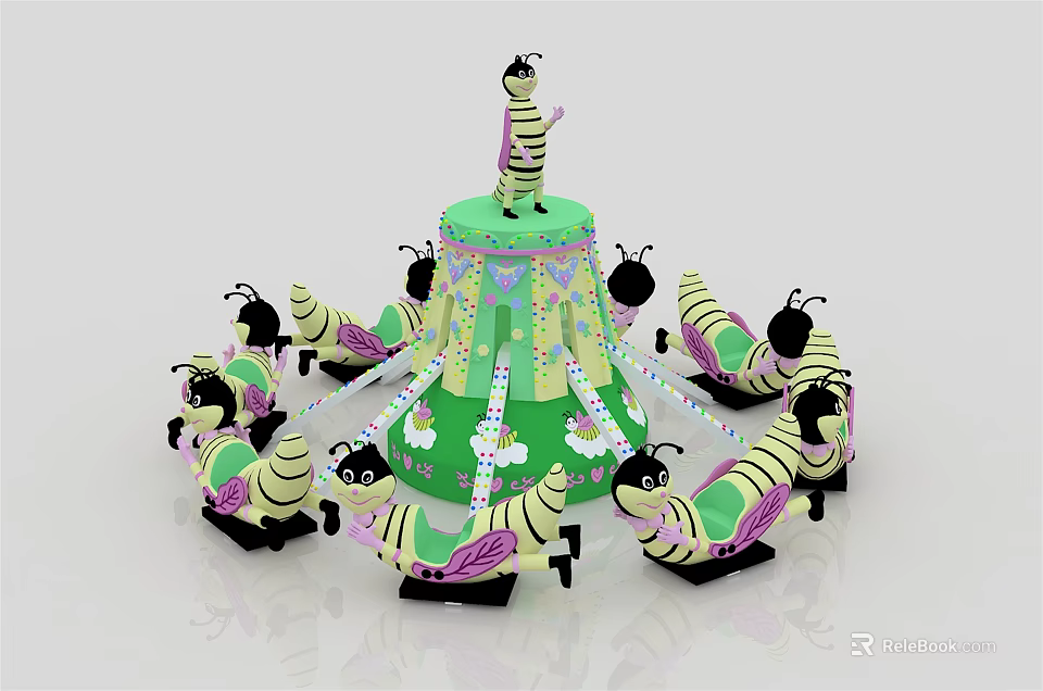 Colorful Insect Themed Rotating Playground Equipment with Multiple Seats and Top Decoration for Kids 3d model 