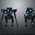 Blue Mechanical Robots With Glowing LED Eyes Metallic Texture And Weaponry In Studio Lighting