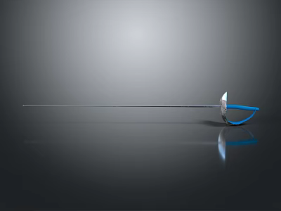 Metallic Fencing Sword With Slender Blade And Blue Handle On Reflective Surface 3d model