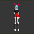 Anime Game Character With Blue Hair Red Rabbit Ears Black Top Red Shorts Standing Pose