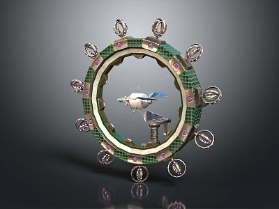 Decorative Circular Ornament With Central Airplane Model And Metal Gemstone Accents 3d model