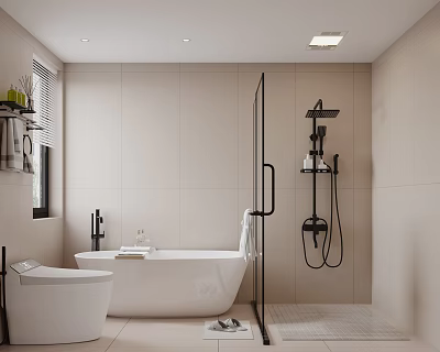 Modern Bathroom Interior Design With Freestanding Bathtub Glass Shower Enclosure And Light Tiled Walls 3d model