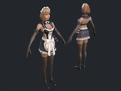 Woman Wearing Classic Maid Outfit With White Apron Headpiece And Black Stockings 3d model