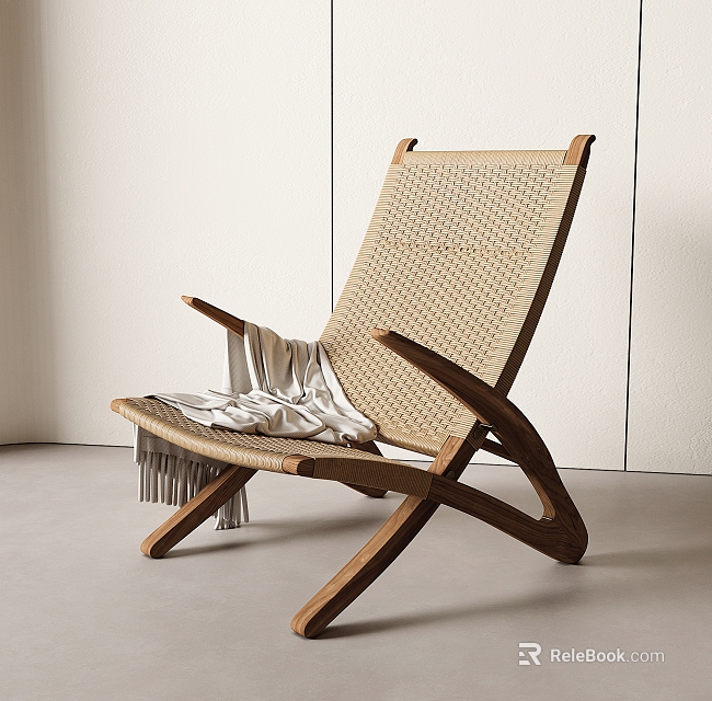 Light Toned Leisure Chair With Wooden Frame Woven Design And Soft Fringed Blanket 3d model 