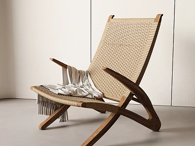 Light Toned Leisure Chair With Wooden Frame Woven Design And Soft Fringed Blanket 3d model