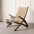 Light Toned Leisure Chair With Wooden Frame Woven Design And Soft Fringed Blanket