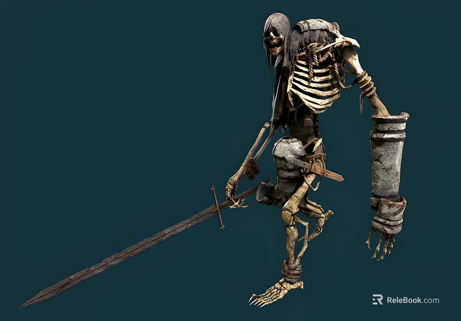 Game Movie Skeleton Character With Long Hair Holding Long Sword And Wrist Guard 3d model 
