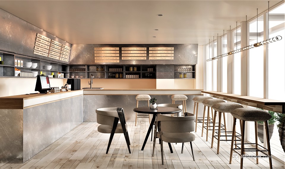 Modern Café Interior With Open Design Wooden Counter Comfortable Chairs Large Windows And Natural Light 3d model 