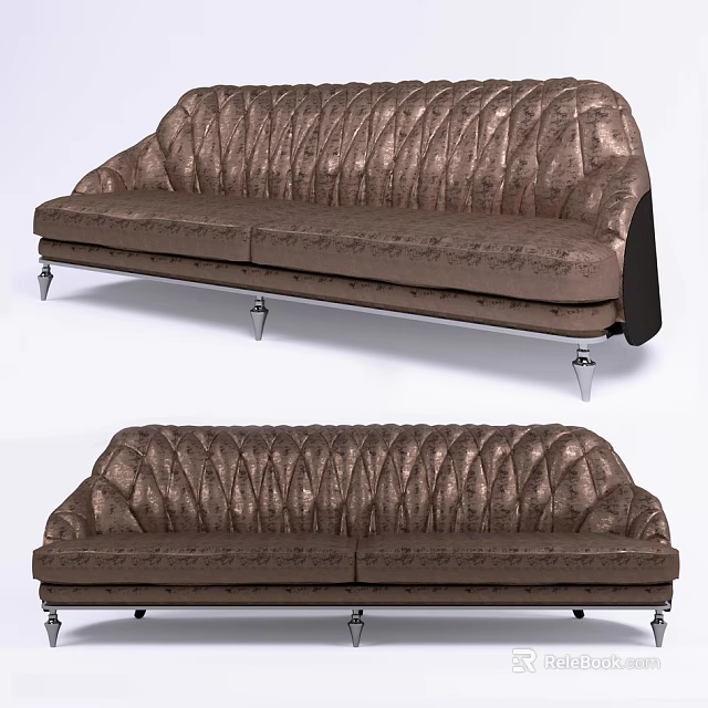 Brown Textured Two Seater Sofa With Metallic Legs And Pleated Backrest 3d model