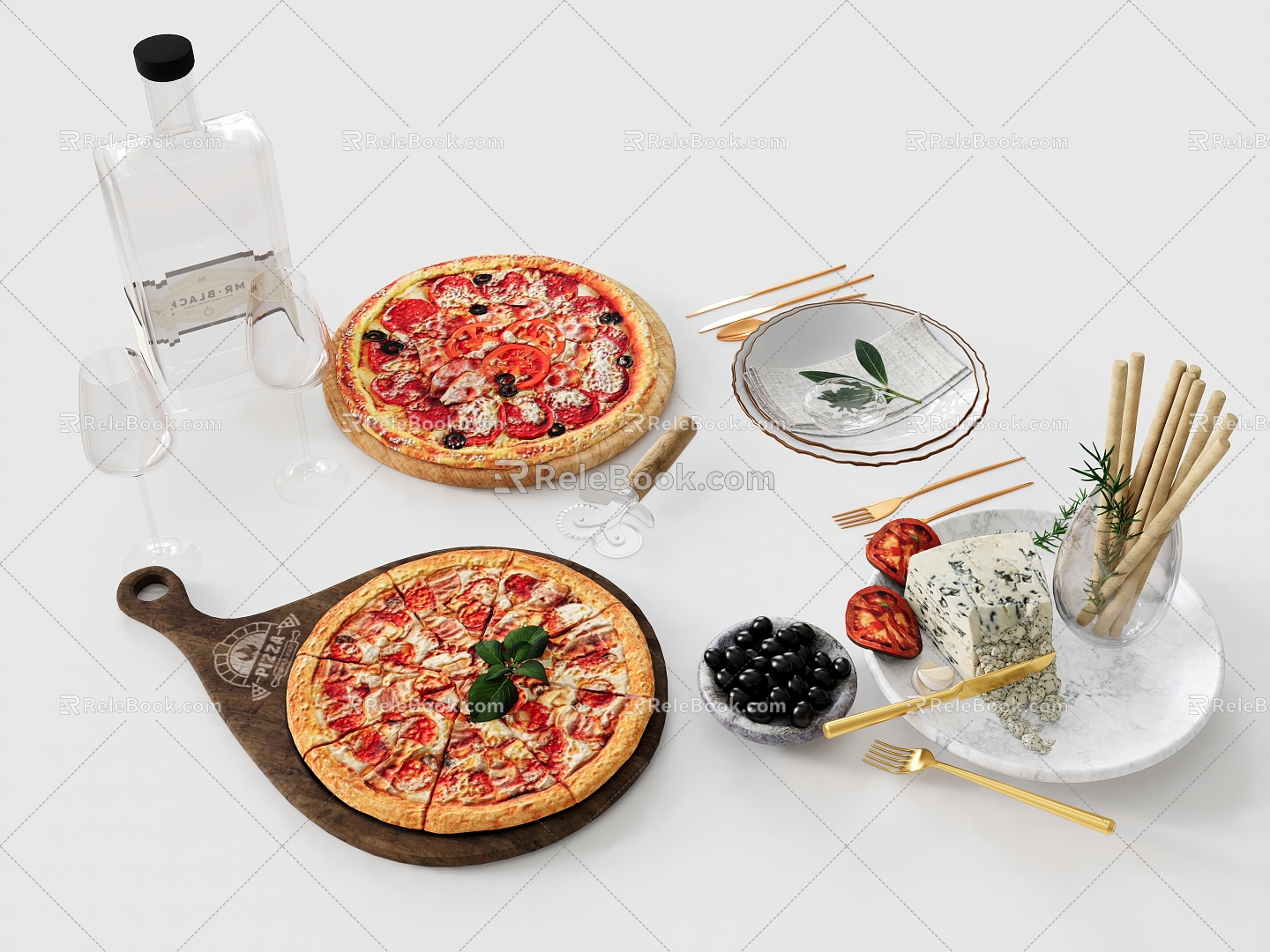 Food and Beverage Pizza Tableware Pizza Knife Wine Glass Knife and Fork Cheese model