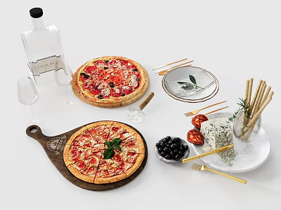Delicious Freshly Baked Pizza With Tasty Toppings Black Olives Blue Cheese And Breadsticks On Wooden Board 3d model