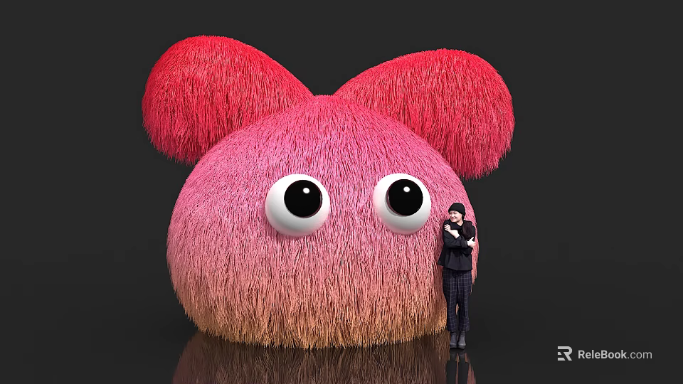 Pink Fluffy Inflatable Model With Large Ears Big Eyes And Person Standing Beside 3d model 