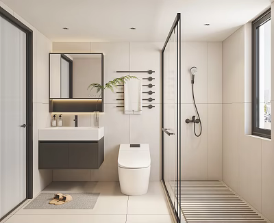 Modern Bathroom Interior With White Toilet Glass Shower And Vanity Sink 3d model