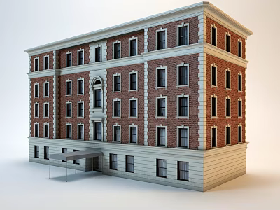 Red Brick School Building With White Trim Multi Story Windows And Entrance Canopy 3d model