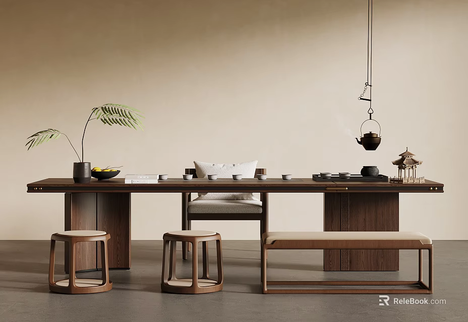 Modern Wooden Dining Table Set With Round Stools Bench Plants Tea Set And Pendant Light 3d model 