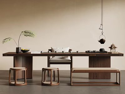 Modern Wooden Dining Table Set With Round Stools Bench Plants Tea Set And Pendant Light 3d model