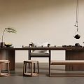 Modern Wooden Dining Table Set With Round Stools Bench Plants Tea Set And Pendant Light