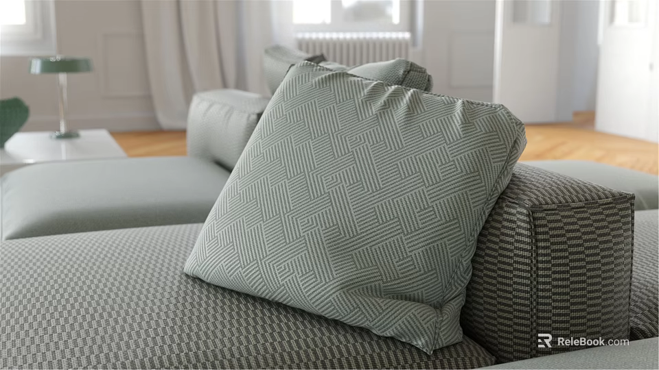 Light Green Geometric Pattern Decorative Pillow On Soft Gray Fabric Sofa In Living Room 3d model 