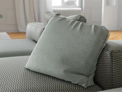 Light Green Geometric Pattern Decorative Pillow On Soft Gray Fabric Sofa In Living Room 3d model