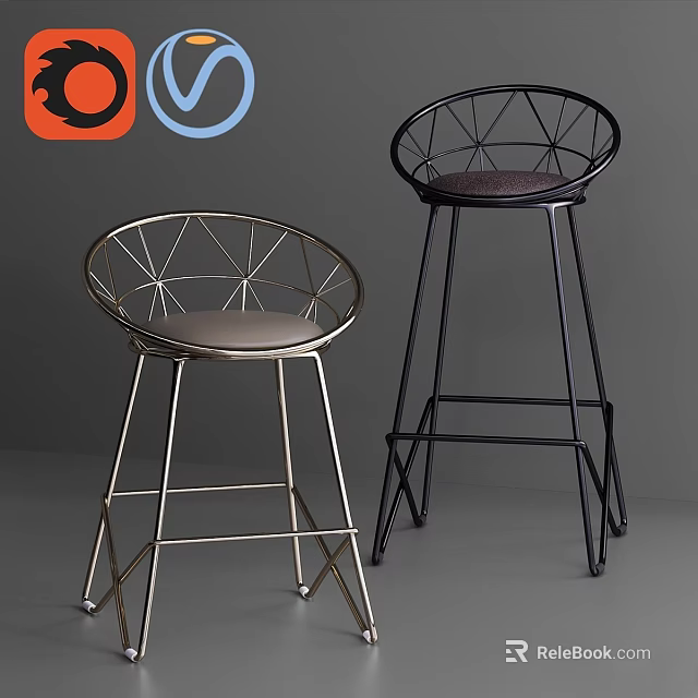 Modern Geometric Metal Frame Bar Stools With Upholstered Seats In Gold And Black 3d model 