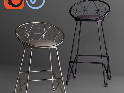 Modern Geometric Metal Frame Bar Stools With Upholstered Seats In Gold And Black 3d model