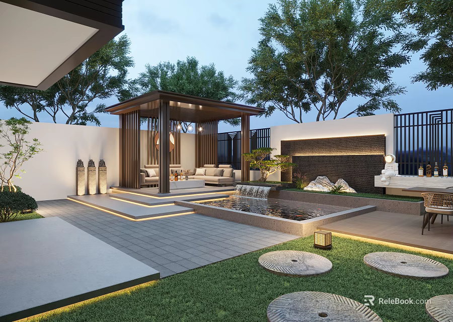 Modern Garden Landscape Design Featuring Pavilion Water Pool Lawn Stone Path Outdoor Seating And Lighting 3d model 