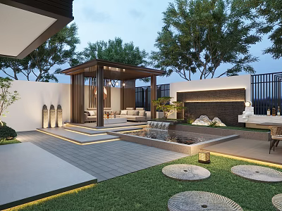 Modern Garden Landscape Design Featuring Pavilion Water Pool Lawn Stone Path Outdoor Seating And Lighting 3d model