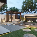 Modern Garden Landscape Design Featuring Pavilion Water Pool Lawn Stone Path Outdoor Seating And Lighting