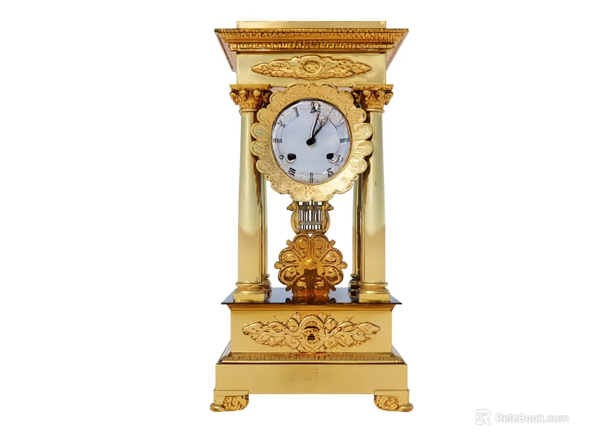 Golden Antique Brass Clock With Ornate Carved Design And European Style 3d model 