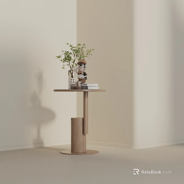 Modern Wooden Side Table with Potted Plant Small Figurine and Books in Minimalist Living Room 3d model 