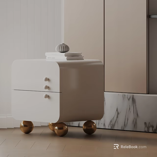 Stylish White Side Table with Drawers Round Knobs and Golden Ball Legs 3d model 
