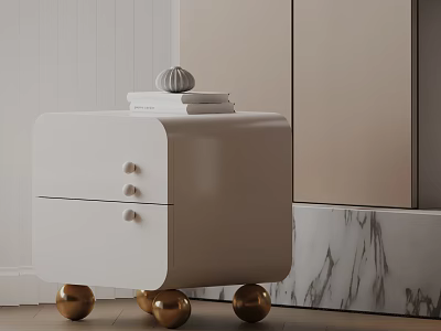 Stylish White Side Table with Drawers Round Knobs and Golden Ball Legs 3d model
