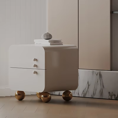 Stylish White Side Table with Drawers Round Knobs and Golden Ball Legs 3d model
