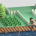 Cartoon Scene with Green Grass Trees White Fence Wooden Bridge and Water