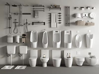 Complete Bathroom Fixtures Collection With Toilets Urinals Sinks Shower Systems And Towel Racks 3d model