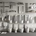 Complete Bathroom Fixtures Collection With Toilets Urinals Sinks Shower Systems And Towel Racks