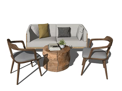 Modern Natural Sofa Coffee Table Set With Wooden Log Table Light Gray Cushions And Armchairs 3d model