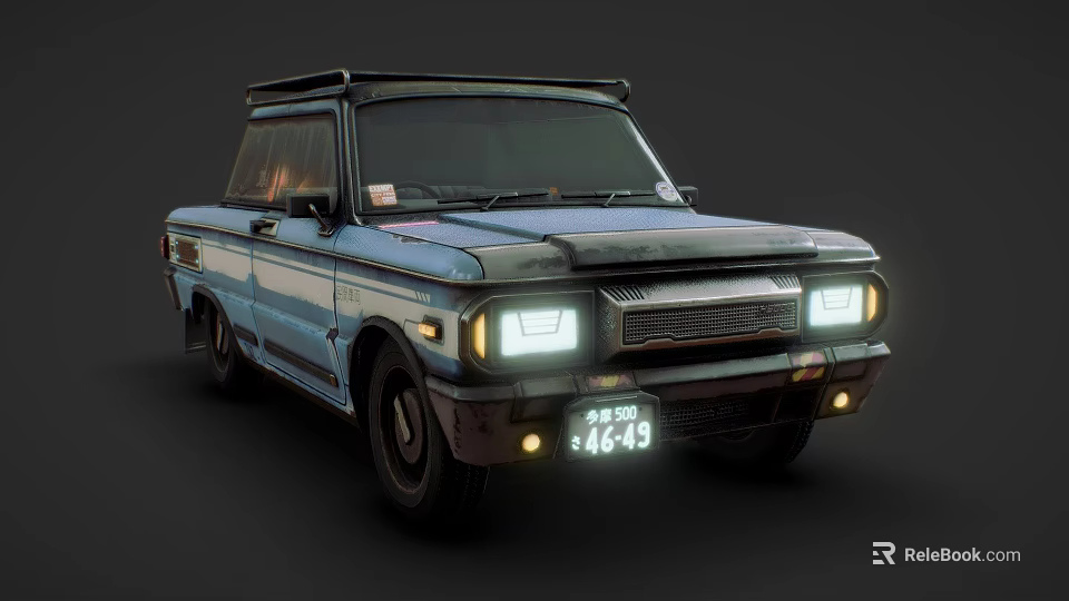 Vintage Blue Black Pickup Truck With Convertible Top Headlights On And License Plate 4649 3d model 