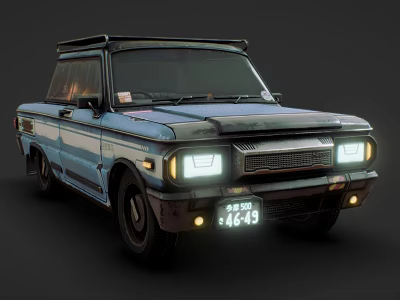 Vintage Blue Black Pickup Truck With Convertible Top Headlights On And License Plate 4649 3d model