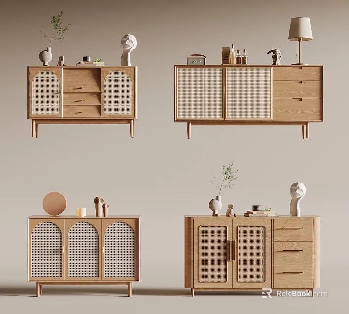 Minimalist Modern Entryway Cabinet And Sideboard With Lattice Doors Drawers And Decorative Items 3d model 