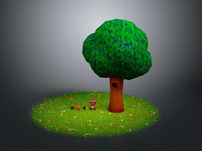 Green Leafy Tree With Brown Trunk And Lush Green Grass With Small Mushrooms 3d model