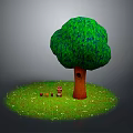 Green Leafy Tree With Brown Trunk And Lush Green Grass With Small Mushrooms