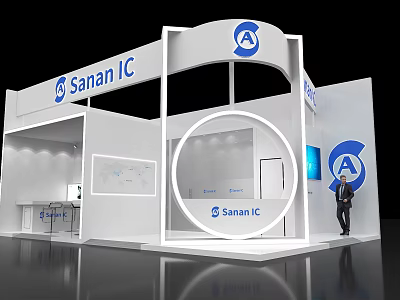 Sanan IC Exhibition Booth With Modern White Curved Structure And Logo 3d model