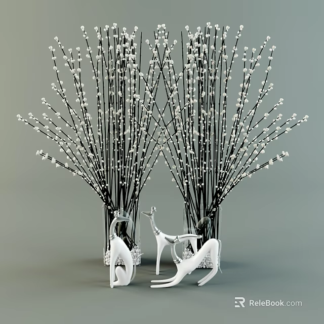 Elegant Decorative Ornament Set With Black Branches White Accents Transparent Vases And White Animal Figurines 3d model 