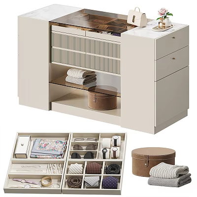 Modern Storage Cabinet With Drawers Shelves And Organized Accessories Towel Box Glasses Scarves 3d model