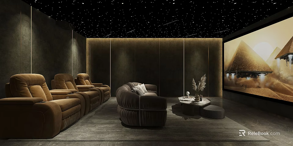 Home Theater With Starry Ceiling Dark Walls Brown Sofas And Round Coffee Table Projection Screen 3d model